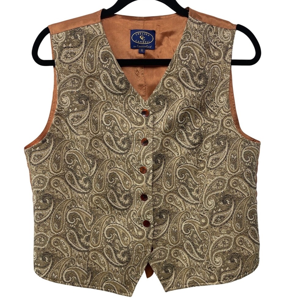 Vtg Paisley Tapestry Vest Multicolor Brown Womens 16 Boho Equestrian Waistcoat